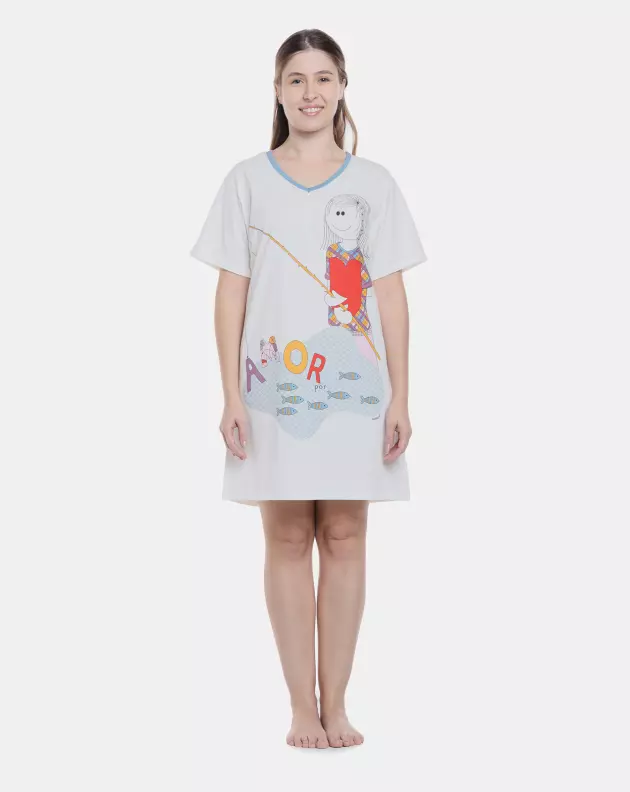 Camisão Feminino Adulto Manga Curta Decote V