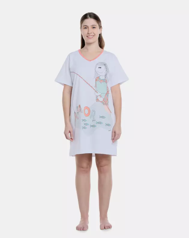 Camisão Feminino Adulto Manga Curta Decote V