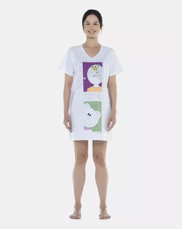 Camisão Feminino Adulto Manga Curta Decote V