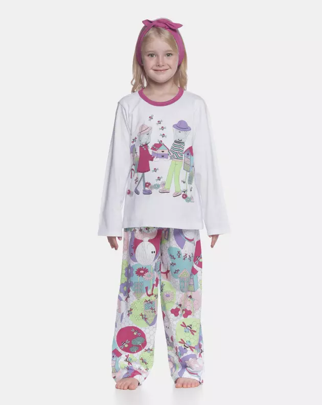 Pijama Feminino Infantil manga longa e calça Estampa Pat e Bill