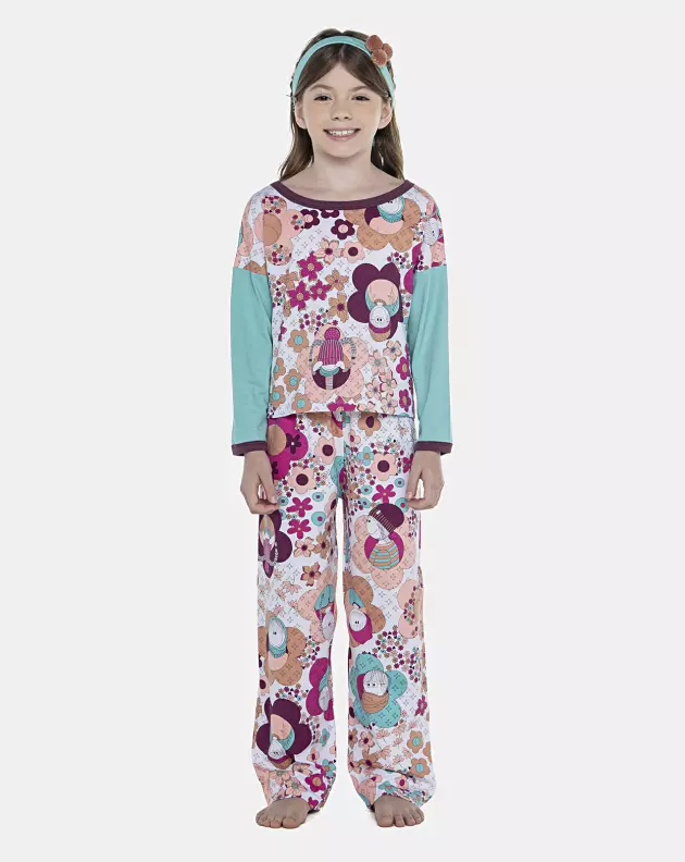 Pijama Feminino Kids Manga Longa e Calça
