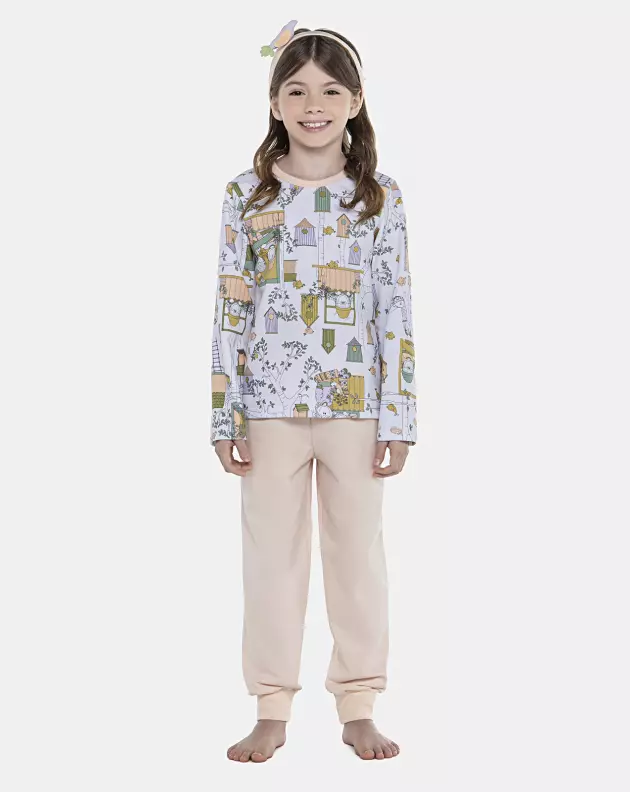 Pijama Feminino Kids Manga Longa e Calça Com Punhos Moletinho