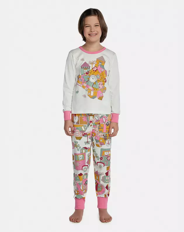 Pijama Feminino Kids Manga Longa e Calça Com Punhos