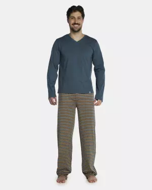 Pijama Masculino Adulto Manga Longa Decote V e Calça Listrada