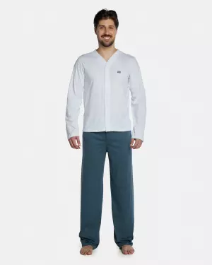 Pijama Masculino Adulto Manga Longa Com Abertura e Calça