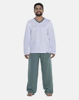 Pijama Masculino Adulto Manga Longa Decote V e Calça Listras