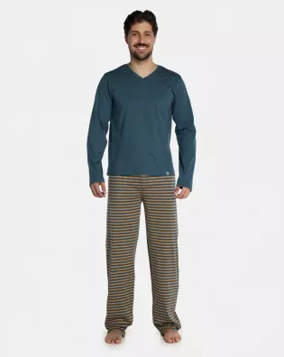 Pijama Masculino Adulto Manga Longa Decote V e Calça Listrada