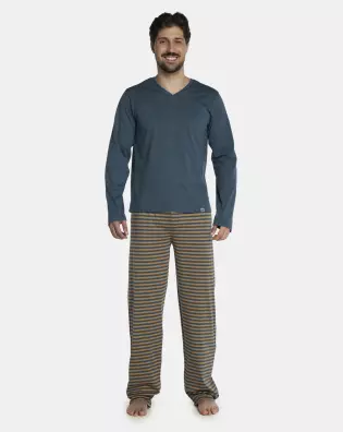 Pijama Masculino Adulto Manga Longa Decote V e Calça Listrada