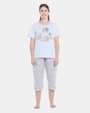 Pijama Feminino Adulto Manga Curta e Corsário