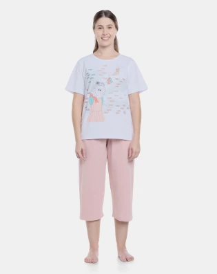 Pijama Feminino Adulto Manga Curta e Corsário