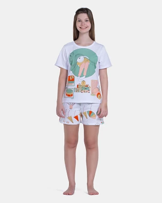 Pijama Feminino Blusa Manga Curta e Short Estampa Pat