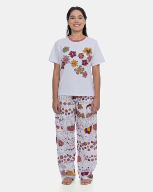 Pijama Manga Curta Feminino e Calça Estampa Pat Annie