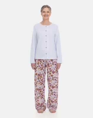 Pijama Feminino Longo Blusa Botões e Calça Floral