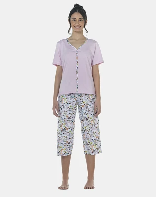 Pijama Feminino Adulto Manga Curta Aberta e Corsário