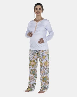 Pijama Feminino Gestante Manga Longa Canelada e Calça
