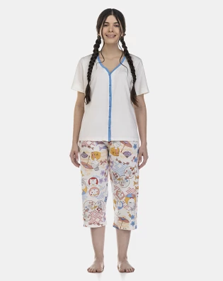 Pijama Feminino Adulto Manga Curta Aberto e Corsário