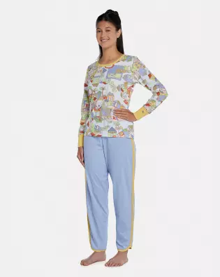 Pijama Feminino Adulto Manga Longa Com Punhos e Calça