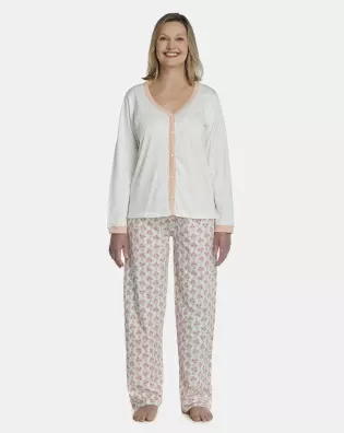 Pijama Feminino Adulto Manga Longa Com Abertura e Calça