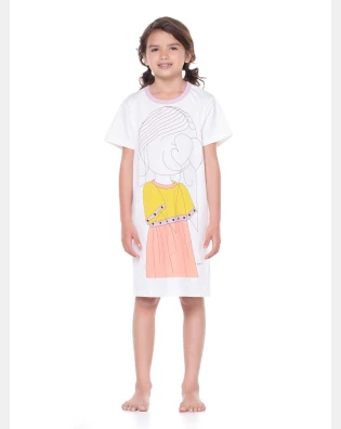 Pijama Infantil Camisão Feminino Manga Curta Pat E Nina