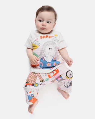 Pijama Bebê Menina Manga Curta e Calça Estampada