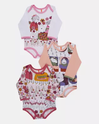 Kit Body Estampado Manga Longa Para Bebê Menina Pat e Annie