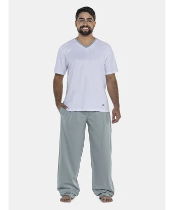 Pijama Masculino Adulto Manga Curta Decote V e Calça