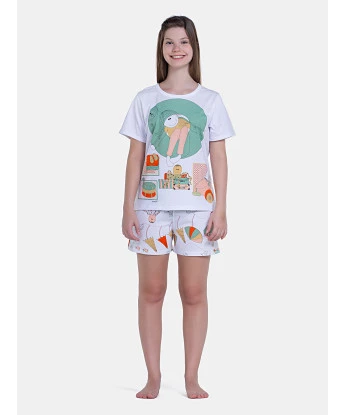 Pijama Feminino Blusa Manga Curta e Short Estampa Pat