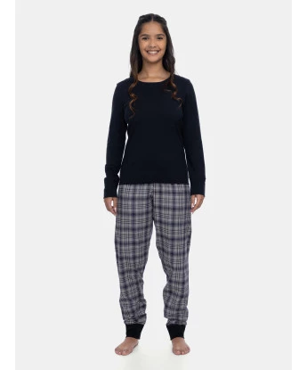 Pijama Feminino Manga Longa e Calça Xadrez Preta