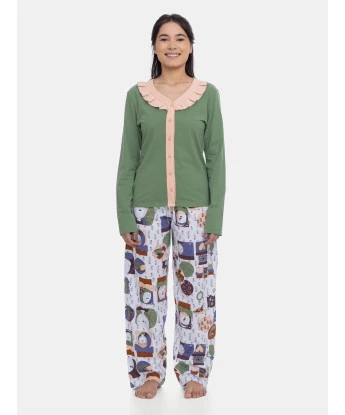 Pijama Homewear Feminino Blusa Botões Manga Longa e Calça Estampada