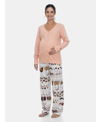 Pijama Gestante Blusa V Botões Manga Longa e Calça Estampa Pat e Annie