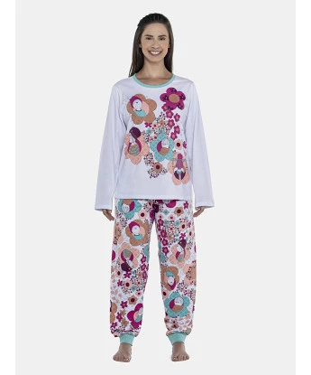 Pijama Feminino Adulto Manga Longa e Calça Com Punhos