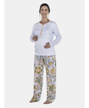 Pijama Feminino Gestante Manga Longa Canelada e Calça