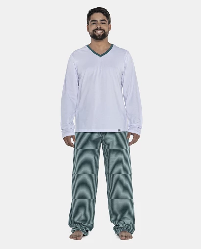 Pijama Masculino Adulto Manga Longa Decote V e Calça Listras