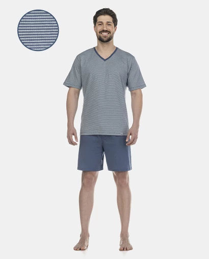Pijama Masculino Adulto Manga Curta Decote V e Short 