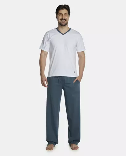 Pijama Masculino Adulto Manga Curta Decote V e Calça