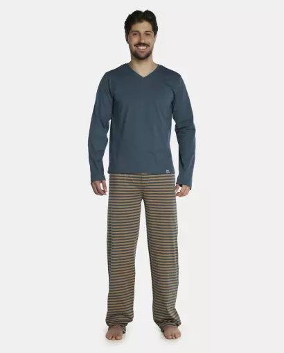 Pijama Masculino Adulto Manga Longa Decote V e Calça Listrada