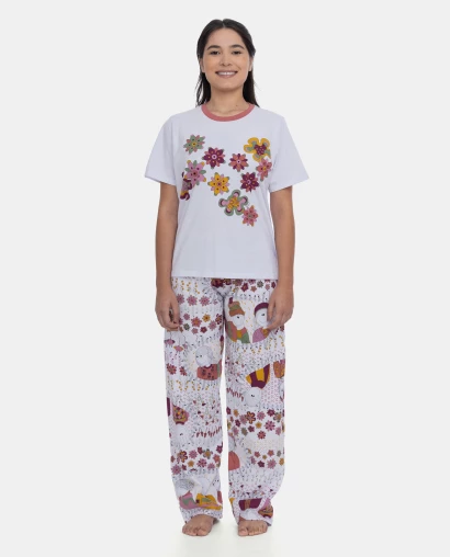 Pijama Manga Curta Feminino e Calça Estampa Pat Annie