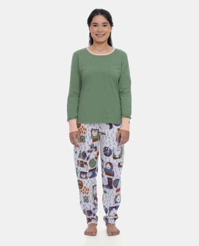 Pijama Feminino Adulto Manga Longa e Calça Estampada