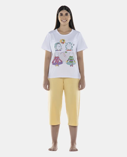 Pijama Feminino Adulto Manga Curta e Corsário