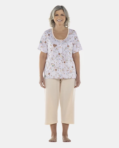Pijama Feminino Adulto Manga Curta Aberta e Corsário