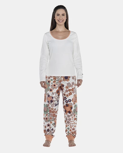 Pijama Feminino Adulto Manga Longa Canelada e Calça Moletinho