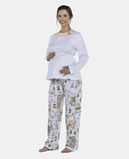 Pijama Feminino Gestante Manga Longa e Calça