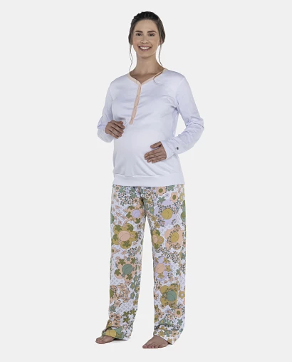 Pijama Feminino Gestante Manga Longa Canelada e Calça