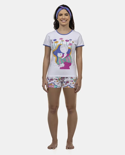 Pijama Feminino Adulto Baby-Look Manga Curta e Short