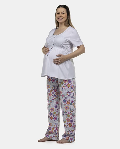 Pijama Feminino Gestante Manga Curta e Calça
