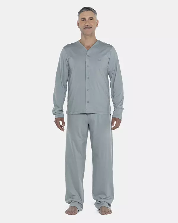 Pijama Masculino Adulto Manga Longa Com Abertura Frontal e Calça