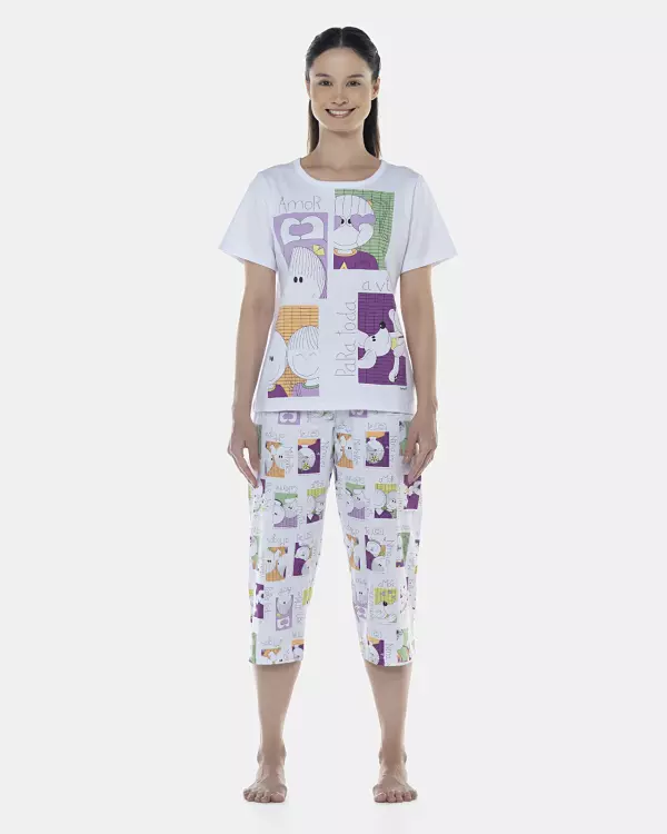 Pijama Feminino Adulto Manga Curta e Corsário