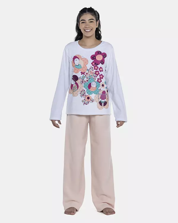 Pijama Feminino Adulto Manga Longa e Calça Plush