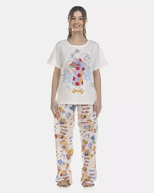 Pijama Feminino Adulto Manga Curta e Calça