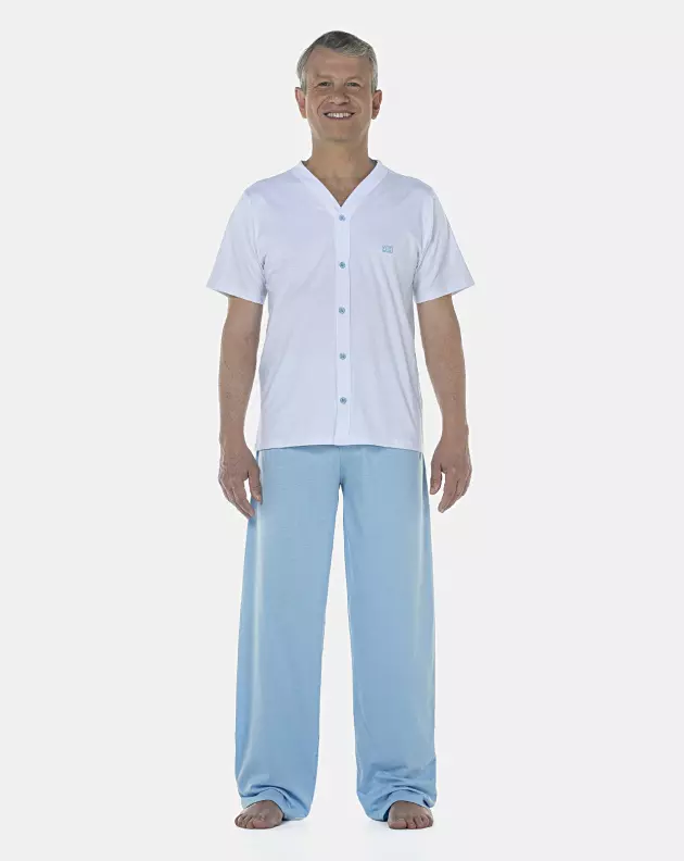 Pijama Masculino Adulto Manga Curta Com Abertura e Calça